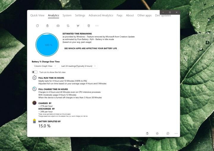 O captura de ecran a ciclurilor de viata a bateriei pe Windows 11