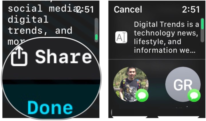 Aplicatia WatchGPT/Petey de pe Apple Watch partajati promptul de raspuns sau selectati gata pentru a reveni la solicitare