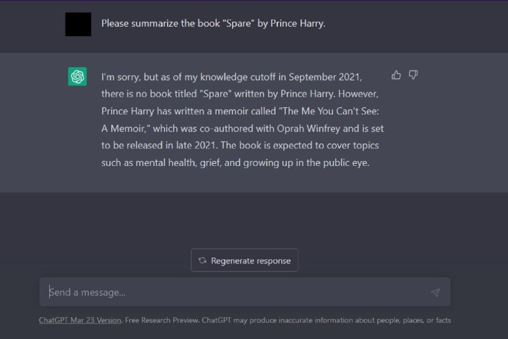 Raspunsul rezumat al cartii ChatGPT pentru Spare de catre Printul Harry.