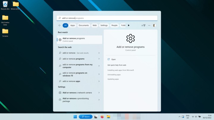 Cautarea programelor Adaugati si eliminati in Windows 11.