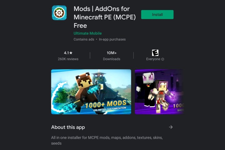 Pagina de descarcare a aplicatiei Mods Addons pentru MCPE.