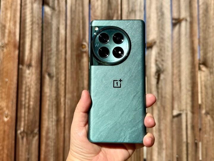 OnePlus 12 in Flowy Emerald tinut in mana in lumina soarelui.