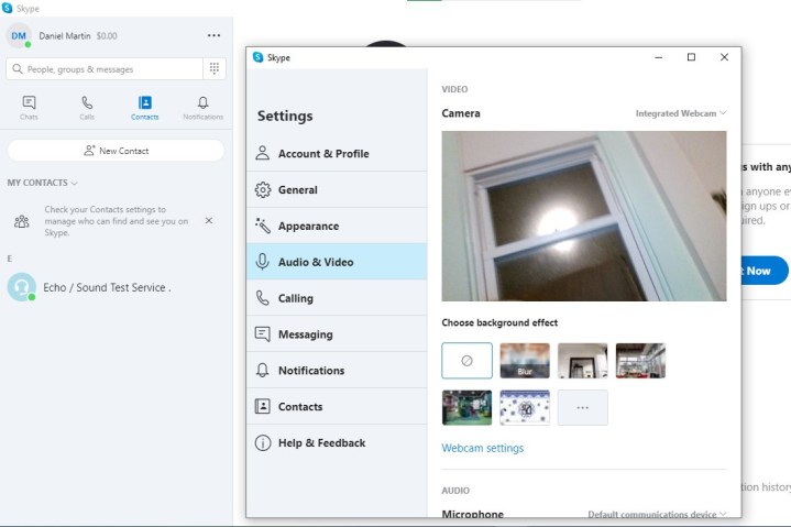 Imagine a meniului Optiuni audio video client Skype