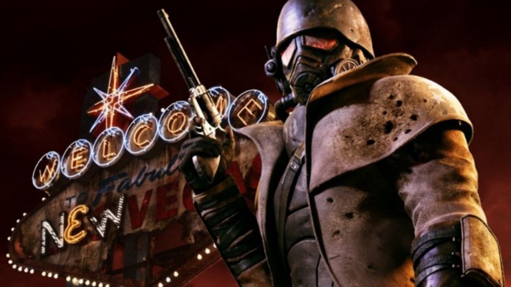 Curierul cu echipamentul nuclear si tinand pistolul in Fallout: New Vegas art-cheie.