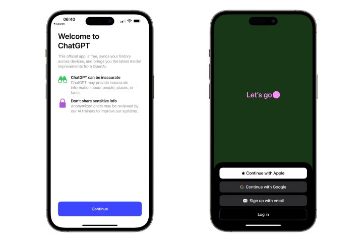 ChatGPT pe iPhone ecrane de bun venit si de conectare.