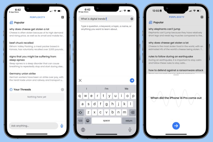 Capturi de ecran ale aplicatiei Perplexity AI ChatGPT care ruleaza pe un iPhone.